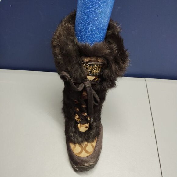 Coach Jennie Signature Winter Boots Womens Sz 9.5 Brown Black Rabbit Fur Lace Up - Picture 14 of 15